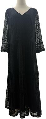 Boden Black Swiss Dot Sheer Overlay Midi Dress Women's 18R V Neck